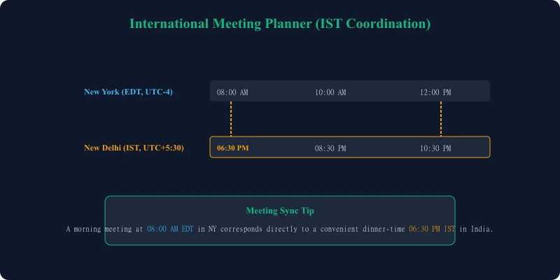 Meeting planner illustration showing New York to New Delhi time synchronization