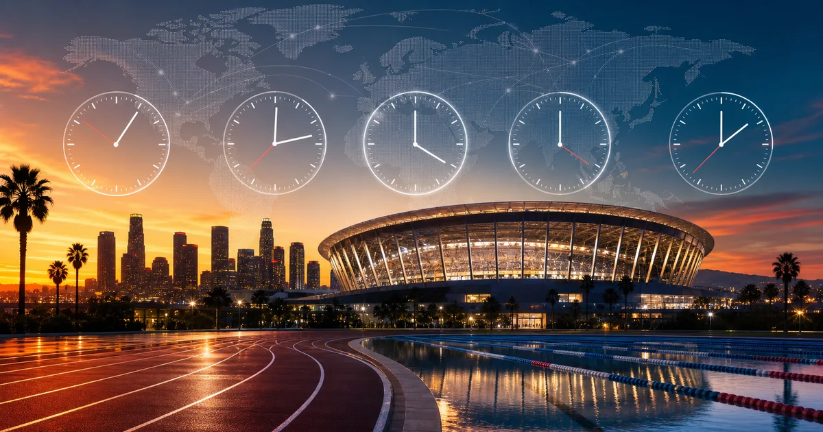 LA 2028 Olympics timezone guide GMT BST PKT IST worldwide with Los Angeles stadium, world clocks and global sports viewing - 2028 Olympics GMT time