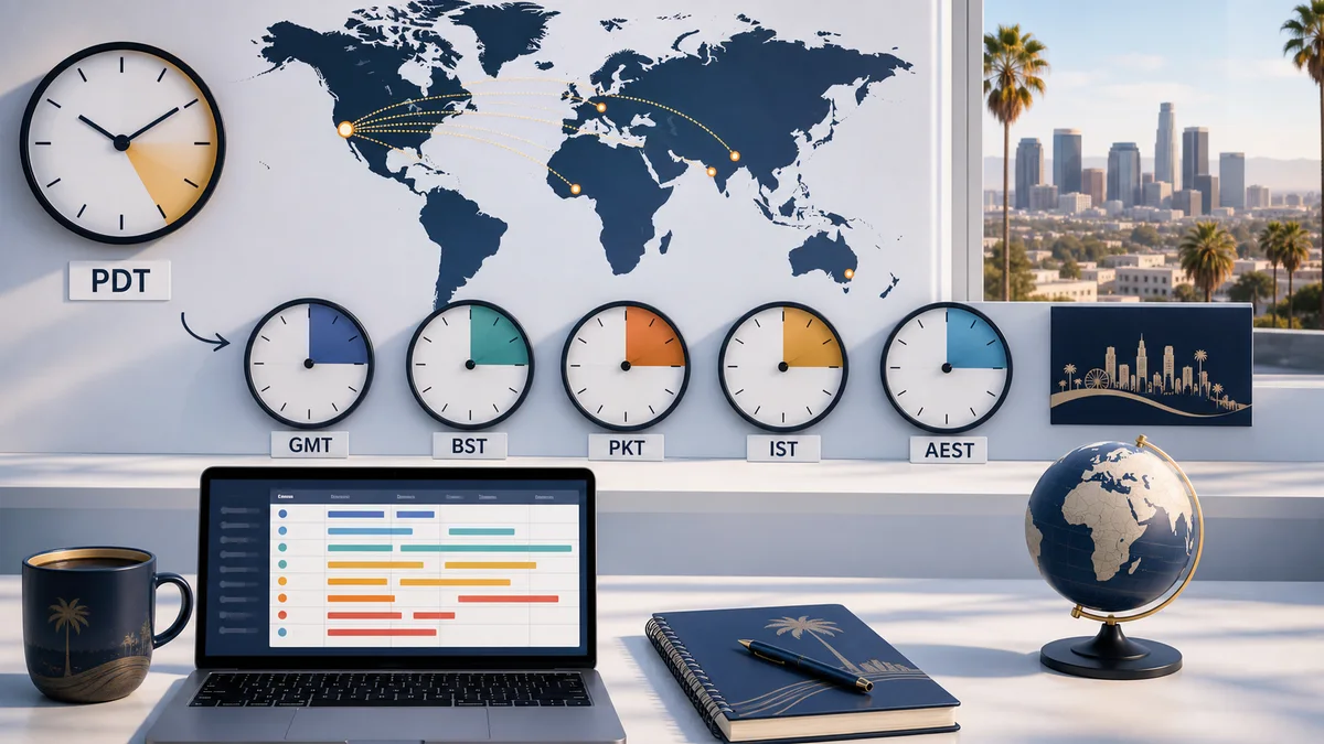 LA 2028 Olympics PDT to GMT conversion image showing world clocks for GMT, BST, PKT, IST and AEST