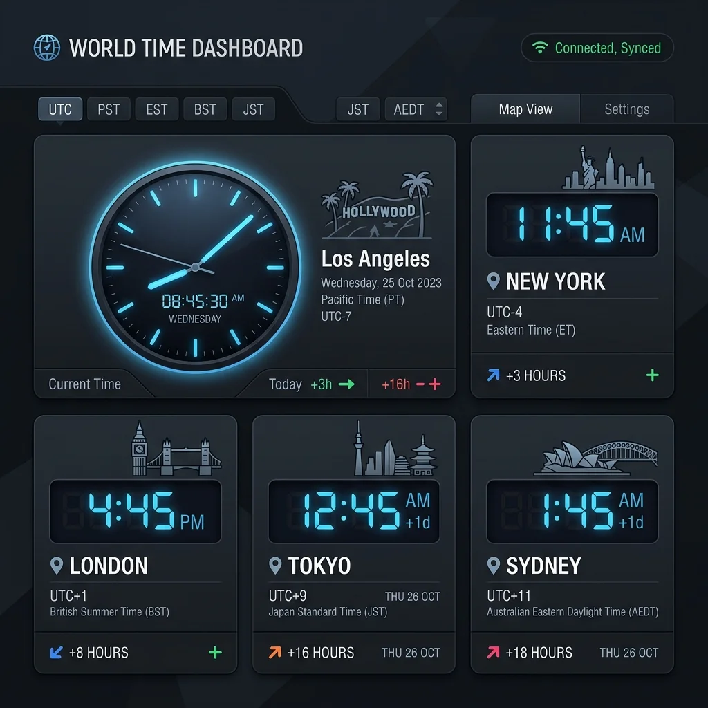 Los Angeles vs World Time Dashboard