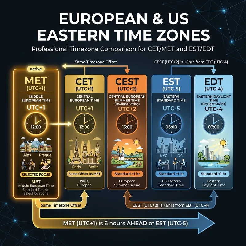 Infographic comparing MET (UTC+1), CET (UTC+1), CEST (UTC+2), EST (UTC-5), and EDT (UTC-4) timezone designations