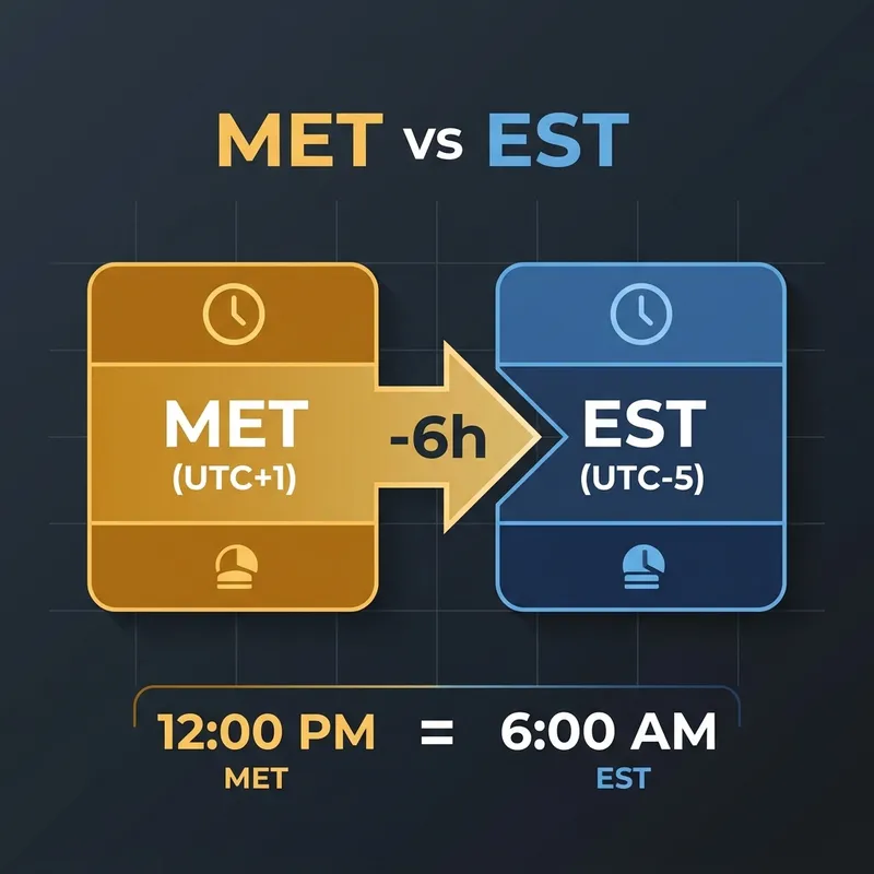 Timezone graphic showing MET (UTC+1) to EST (UTC-5) with a 6-hour offset during standard time