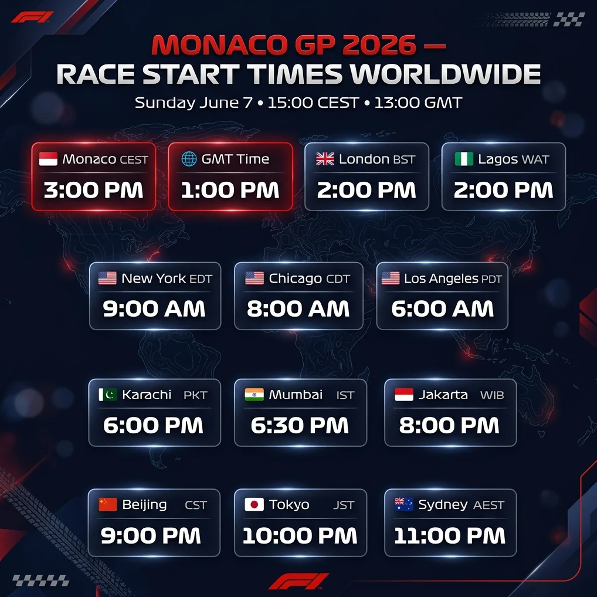 Monaco Grand Prix 2026 race start times worldwide: 15:00 CEST / 13:00 GMT / 9:00 AM EDT / 2:00 PM BST / 6:00 PM PKT / 6:30 PM IST / 11:00 PM AEST on Sunday June 7