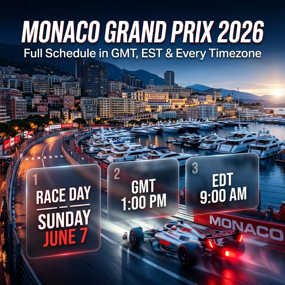 2026 Monaco Grand Prix GMT and EST schedule guide showing race start time of 1:00 PM GMT and 9:00 AM EDT on Sunday June 7 - Monaco Grand Prix 2026 GMT time