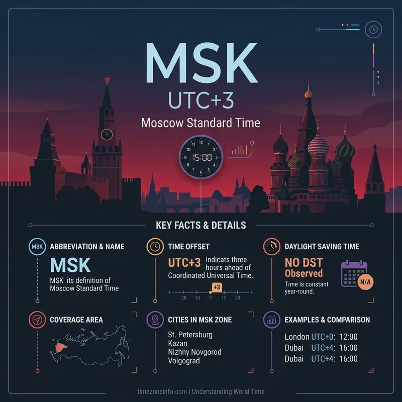Moscow Standard Time (MSK) illustration showing UTC+3 offset and Kremlin skyline