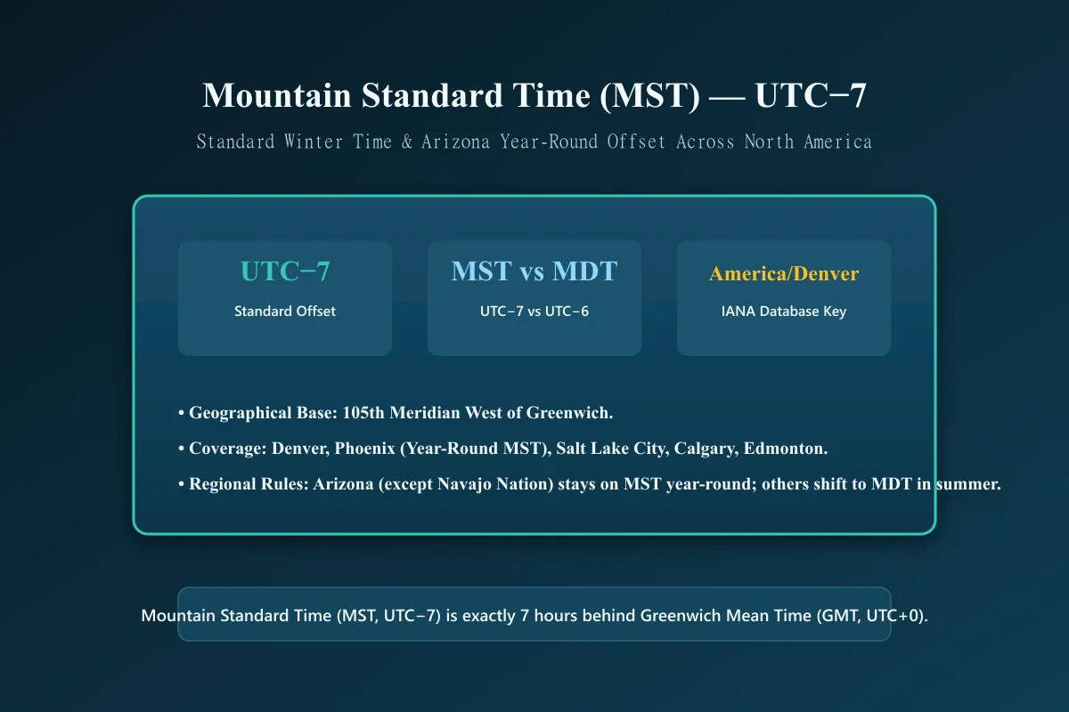 Mountain Standard Time MST UTC minus seven timezone illustration
