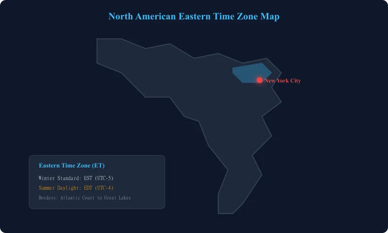 North American Eastern Time Zone Map showing regional boundaries