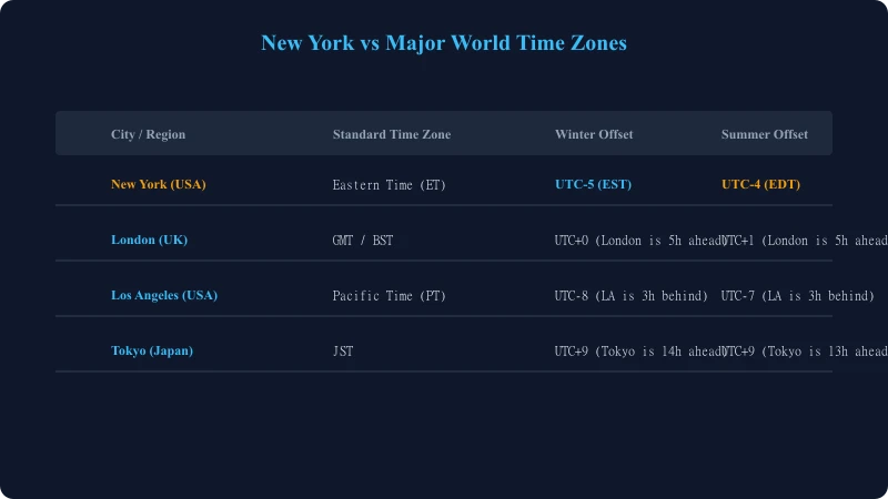 New York vs Major World Time Zones comparison grid