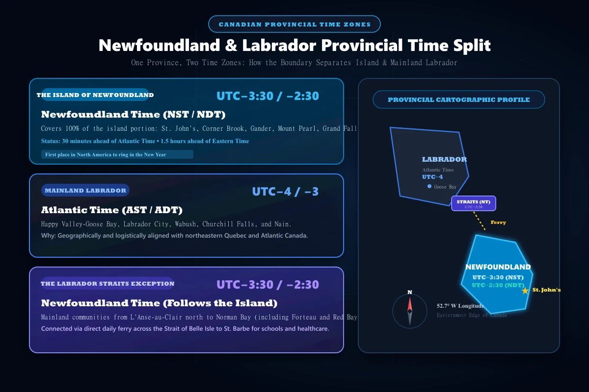 Map and diagram showing the Newfoundland and Labrador provincial time zone split between the Island and mainland Labrador