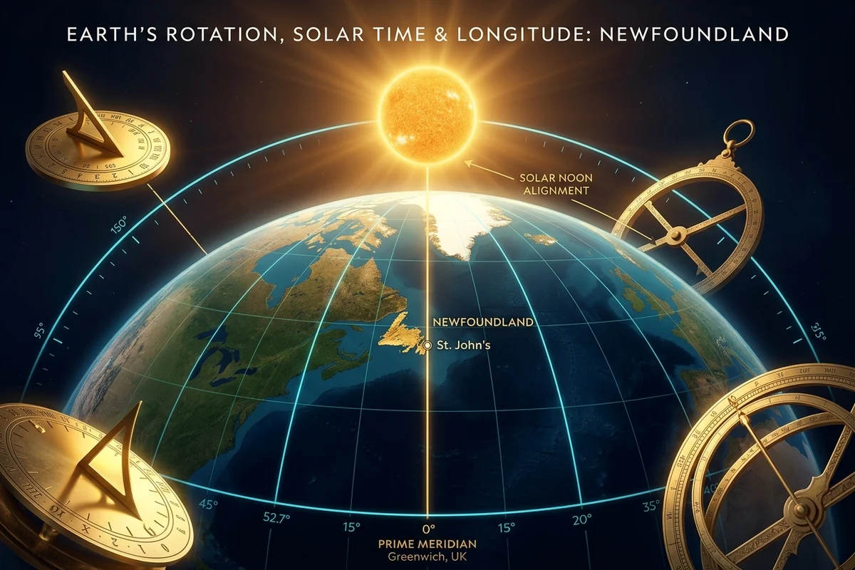 Solar longitude diagram illustrating why Newfoundland uses a 30-minute UTC-3:30 offset based on 52.7 degrees West longitude