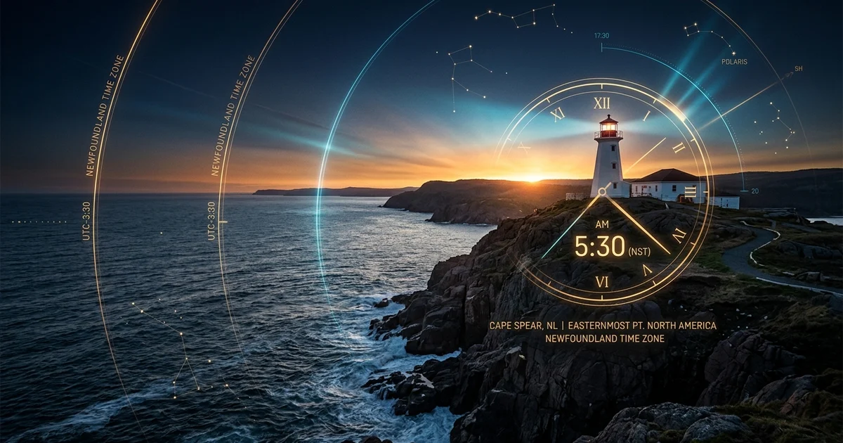 Newfoundland Time Zone explained showing 30-minute offset NST UTC-3:30 and NDT UTC-2:30 compared to Atlantic and Eastern time