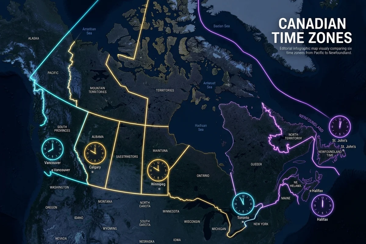 Newfoundland time zone compared to all Canadian time zones across standard and daylight saving time