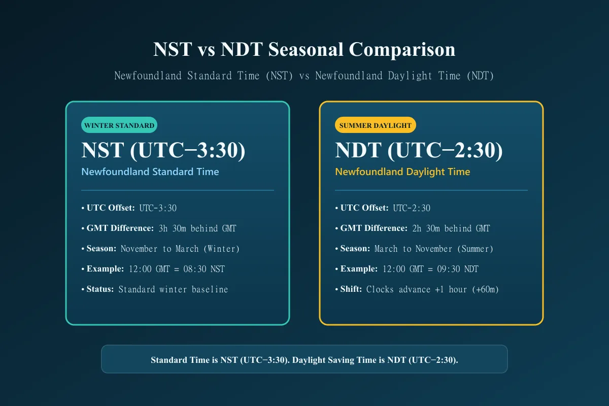 NST and NDT comparison showing Newfoundland standard and daylight time offsets