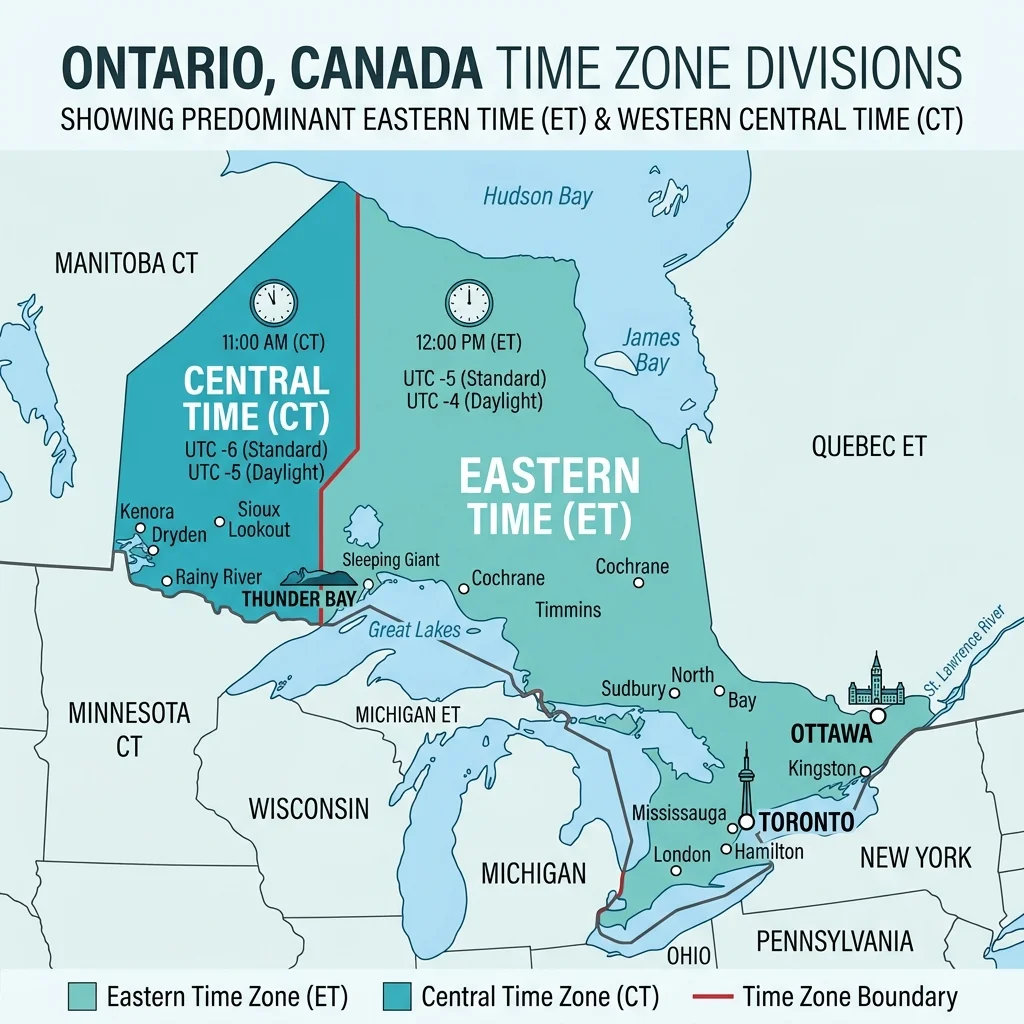 Ontario Time Zone Map showing Eastern and Central regions