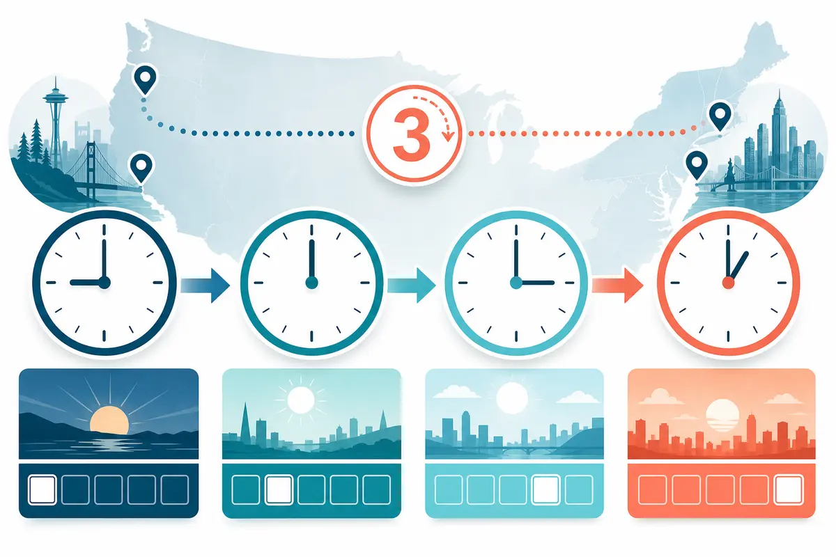 Dual clock setup displaying 5:00 PM PST and 8:00 PM EST showing a 3-hour difference