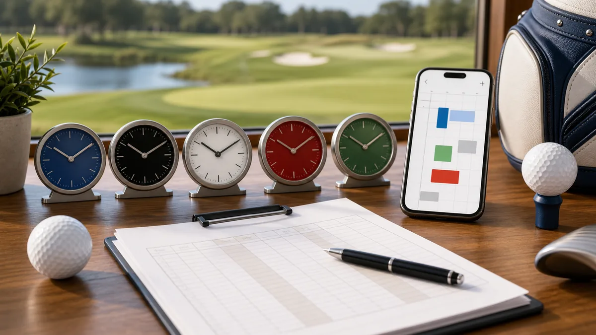 Solheim Cup 2026 CEST to GMT timezone conversion image with golf ball, clocks and schedule planner for GMT, BST, EDT, PKT and IST