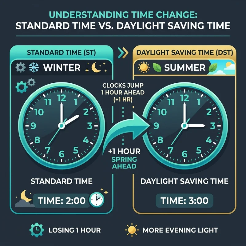 Clock comparison graphic showing Standard Time and Daylight Saving Time adjustments