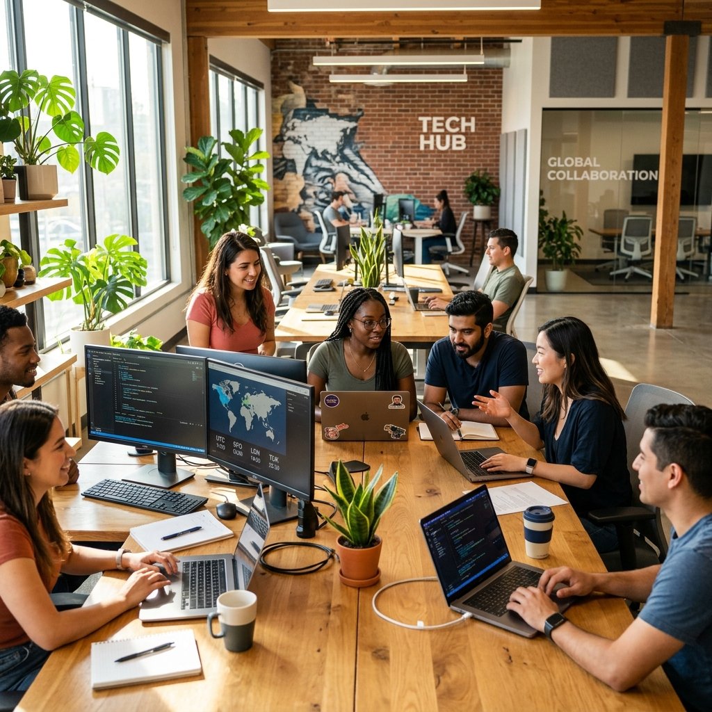 The GMT to EST Converter team working together in our modern collaborative workspace