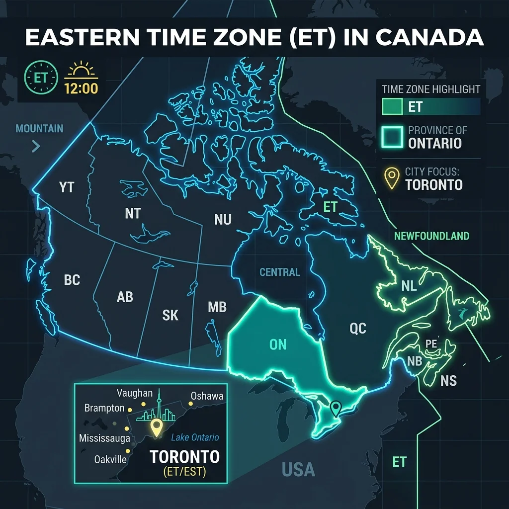 Toronto Time Zone Map showing Eastern Time Zone in Canada