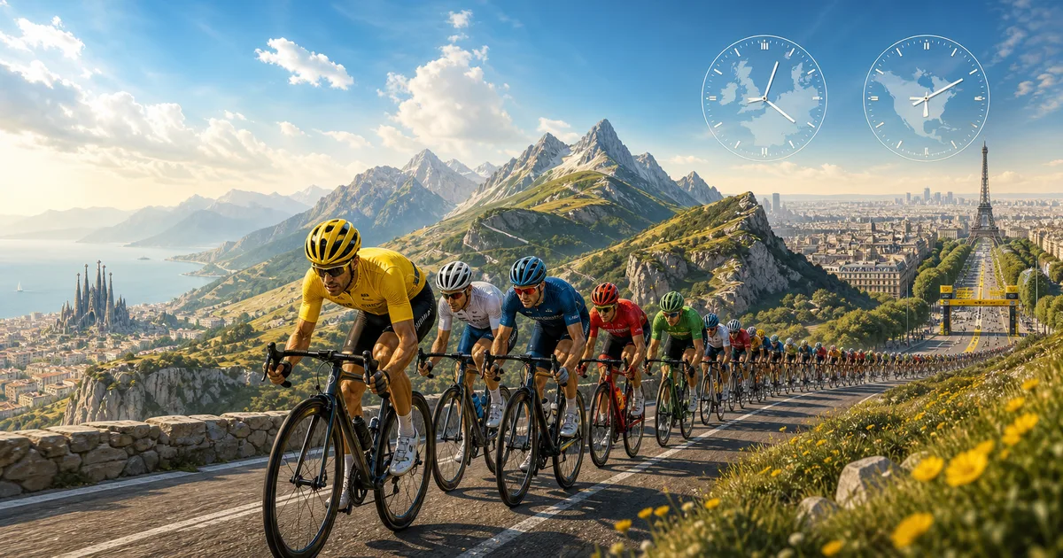 Tour de France 2026 stage times GMT and EST timezone schedule with cyclists, clocks and Barcelona to Paris route imagery - Tour de France 2026 GMT time