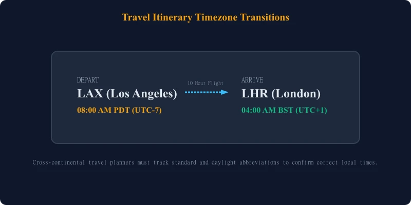 Travel Itinerary Timezone Transitions showing PDT to BST flight details