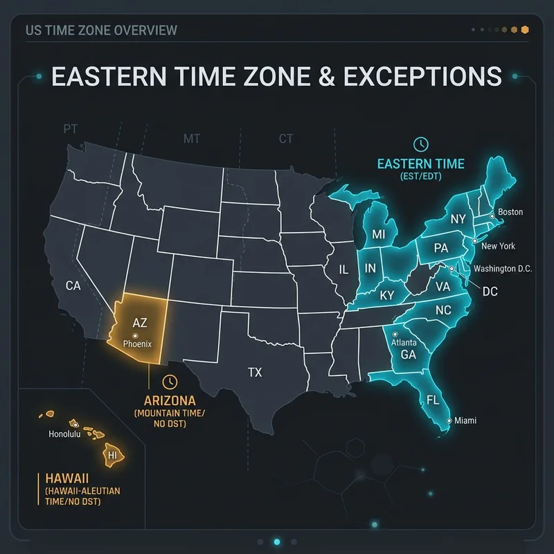 U.S. map highlighting the Eastern Time Zone and daylight saving exceptions