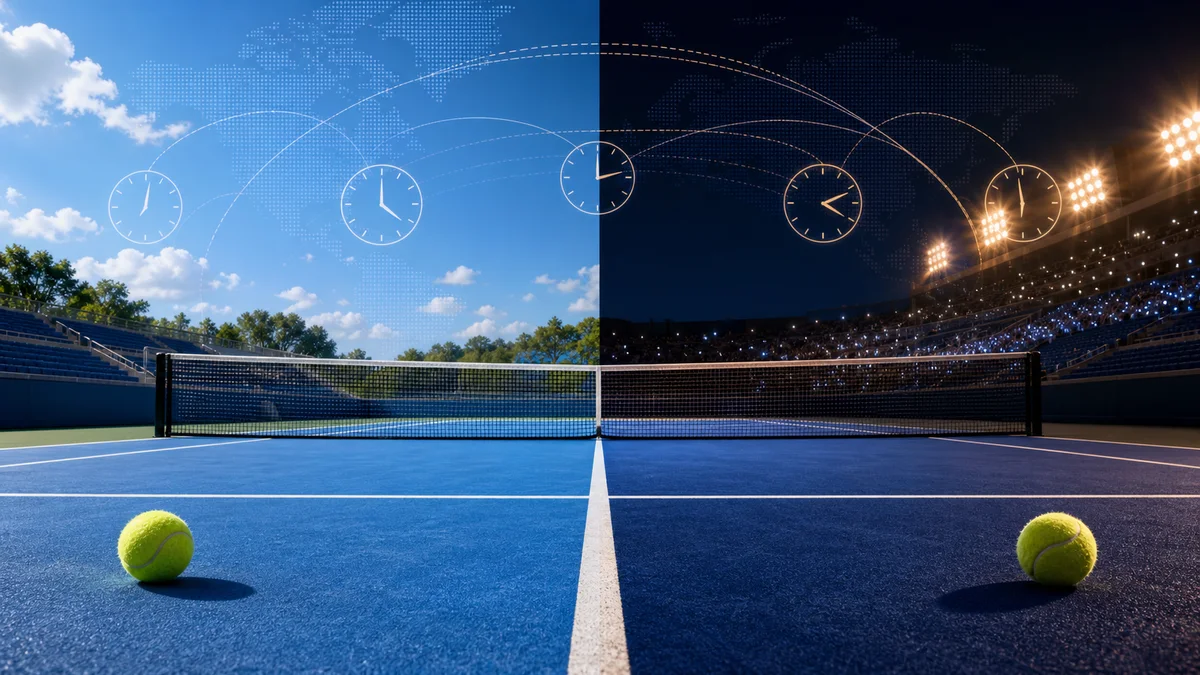 US Open 2026 day and night sessions in GMT BST PKT and IST with blue tennis court changing from daylight to night lights