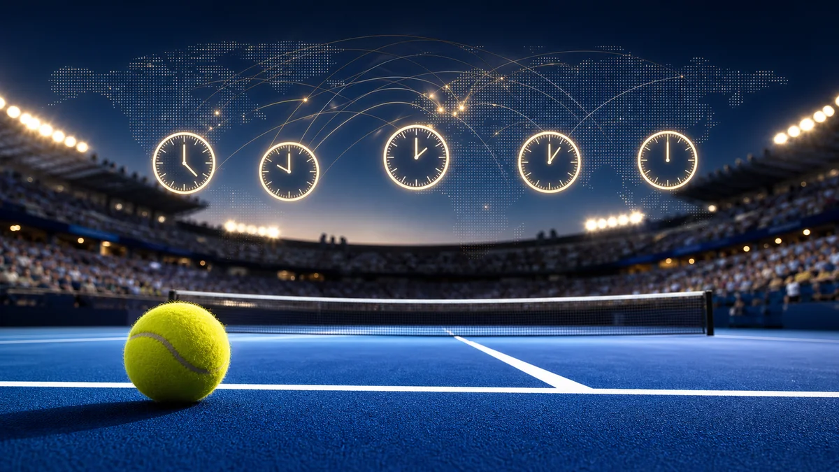 US Open 2026 finals weekend global times with tennis ball on blue court and world clock overlays for GMT BST PKT and IST