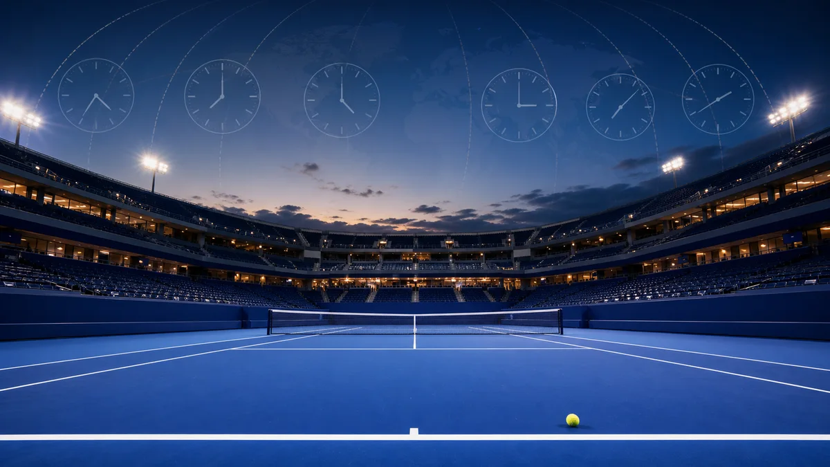US Open 2026 GMT time schedule guide with tennis stadium, world clocks and global timezone arcs