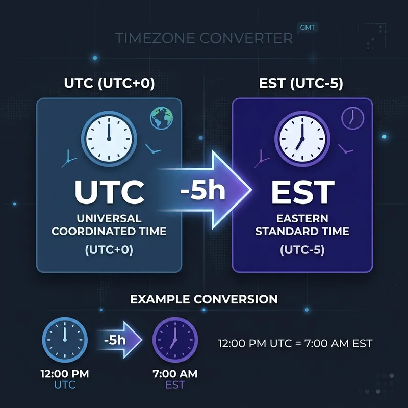 Infographic showing UTC to EST date rollover from UTC morning to EST previous evening