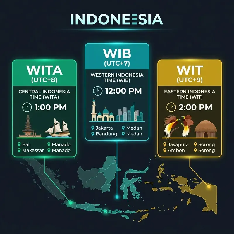 Map/Infographic of Indonesia showing WIB (UTC+7), WITA (UTC+8), and WIT (UTC+9)