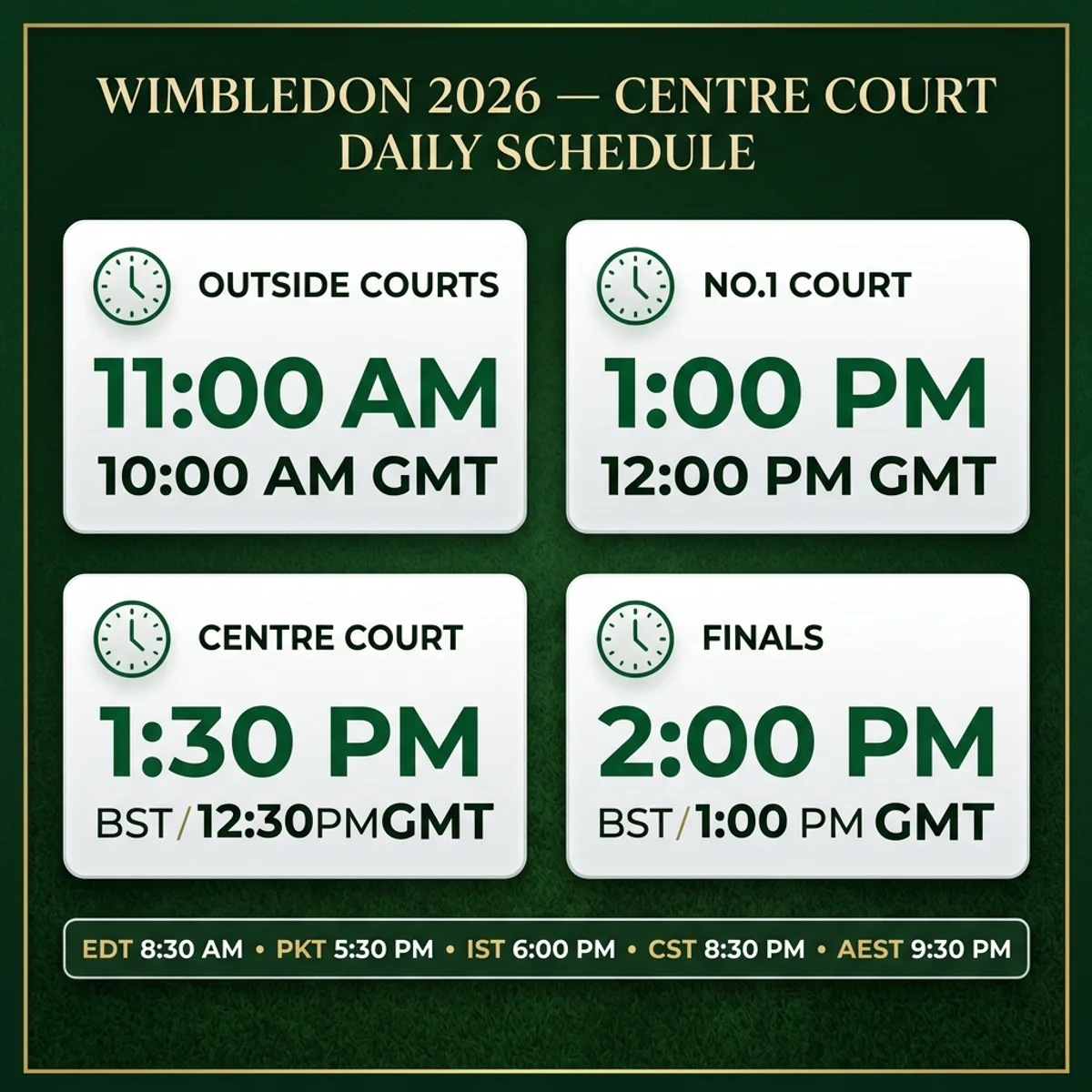 Wimbledon 2026 Centre Court daily schedule showing start times in BST, GMT, EDT, PKT and IST for all courts