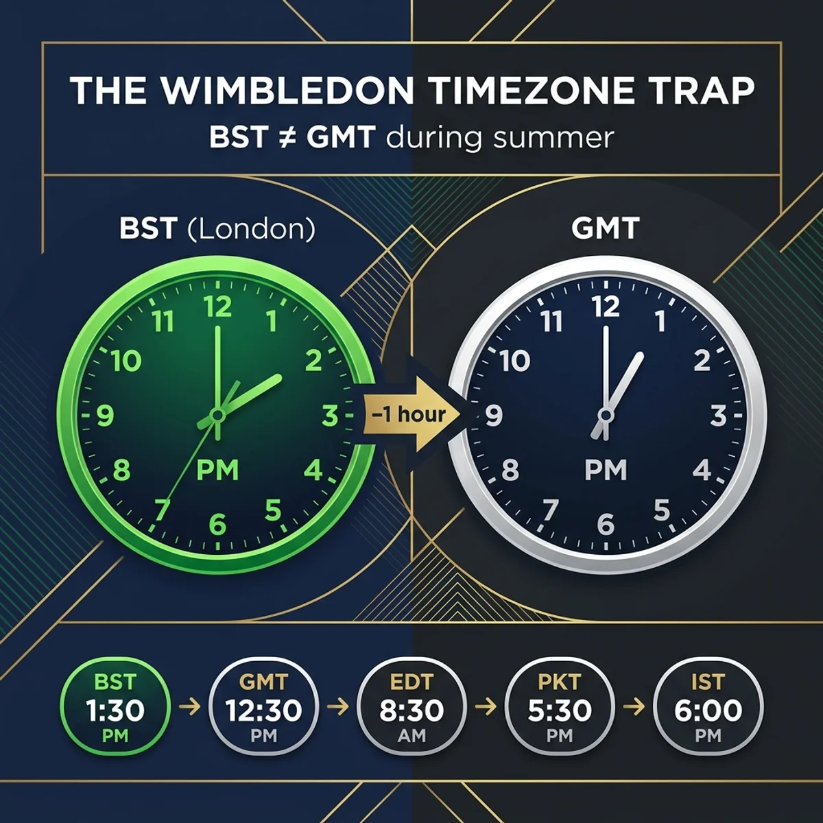Wimbledon BST vs GMT timezone trap infographic showing 1:30 PM BST equals 12:30 PM GMT — subtract 1 hour for correct Wimbledon match time in GMT