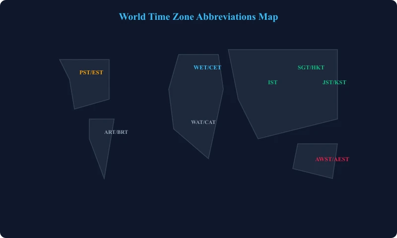 World Time Zone Abbreviations Map showing major regional codes