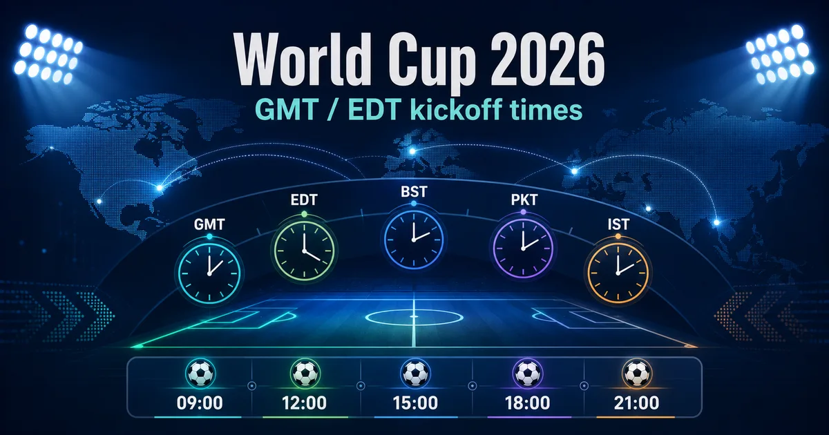 FIFA World Cup 2026 kickoff times GMT and EST timezone conversion guide with world map and clocks - World Cup 2026 GMT time