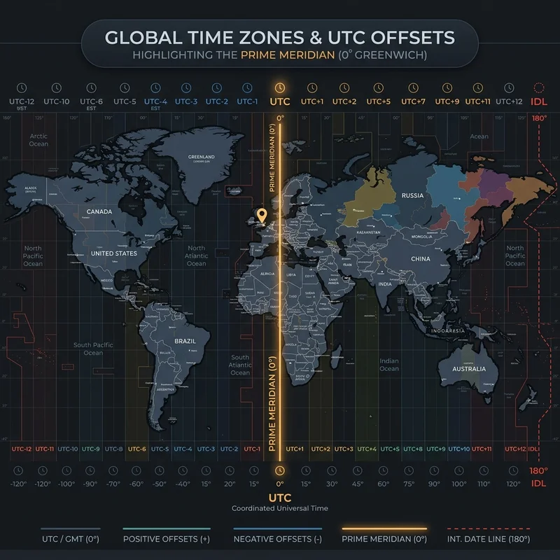 World map showing time zone offsets relative to UTC reference at 0 degrees longitude